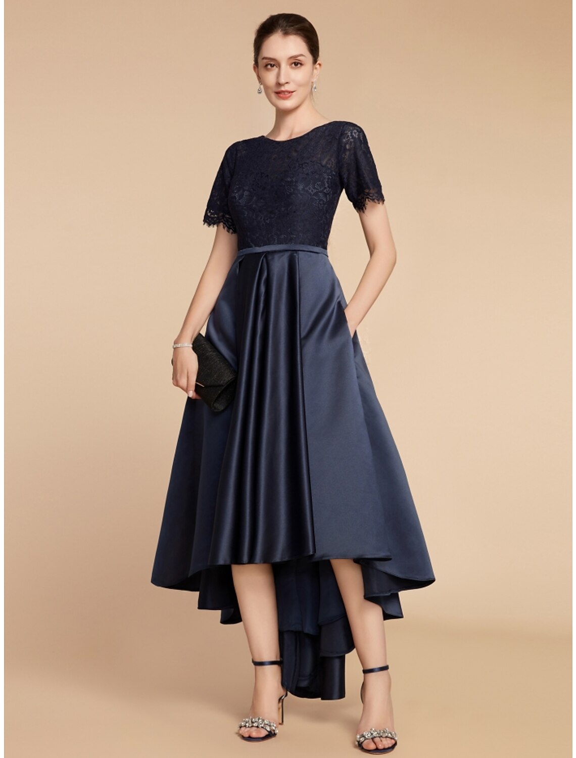 Wholesale A-Line Mother of the Bride Dress Wedding Guest Elegant Jewel Neck Asymmetrical Satin Lace Short Sleeve with Ruching Solid Color